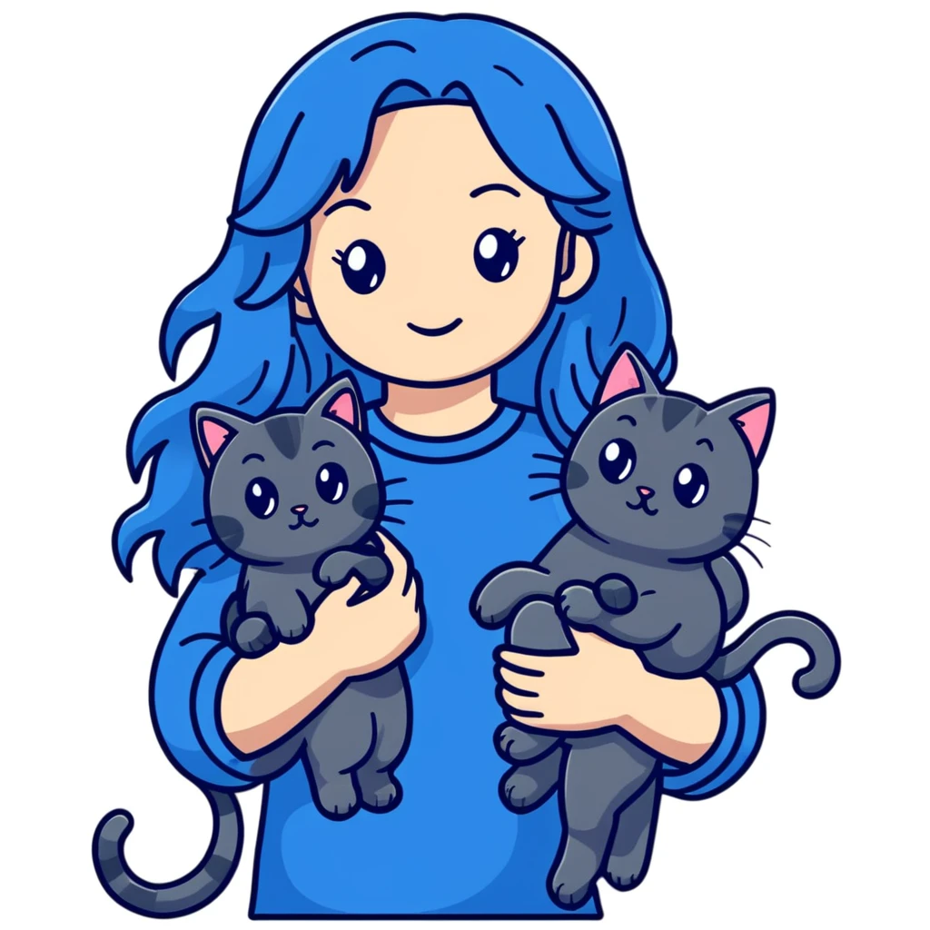 Girl with long wavy blue hair holding three cats, one black cat, one grey cat, and one grey-striped cat emoji