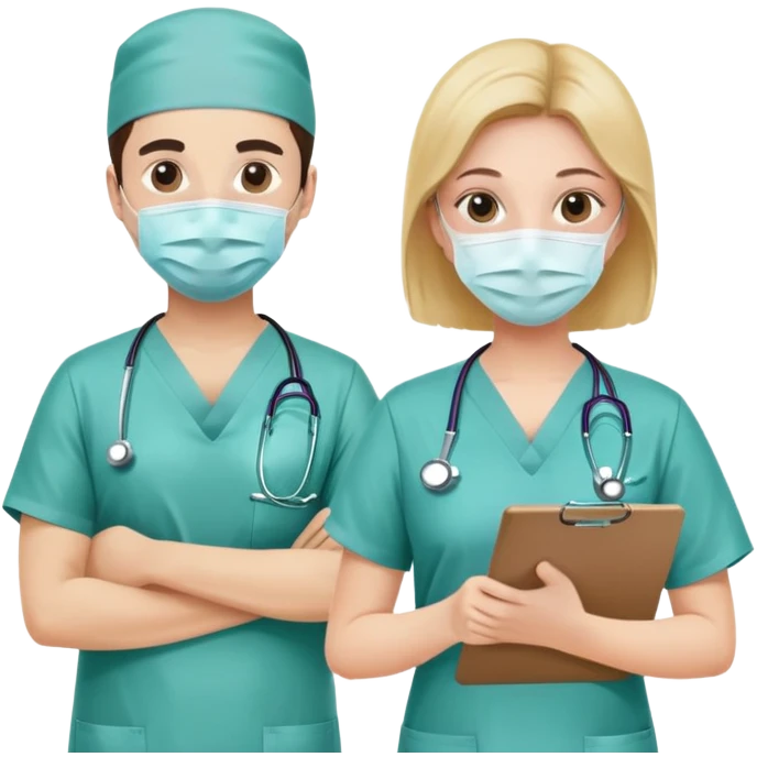 Doctor with surgical mask and scrubs next to another doctor with clipboard emoji