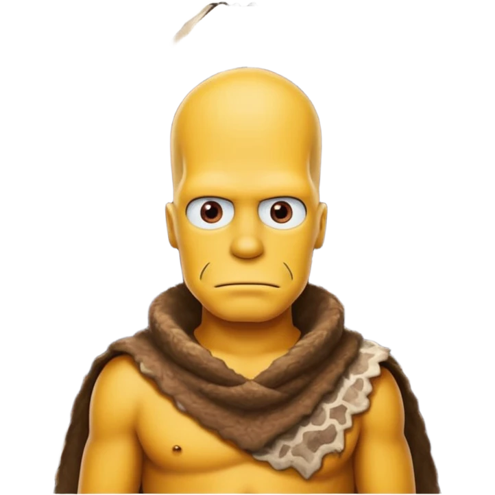 a simpson guy wearing ancient animal skin cloth with volcano behind, half body, icon emoji