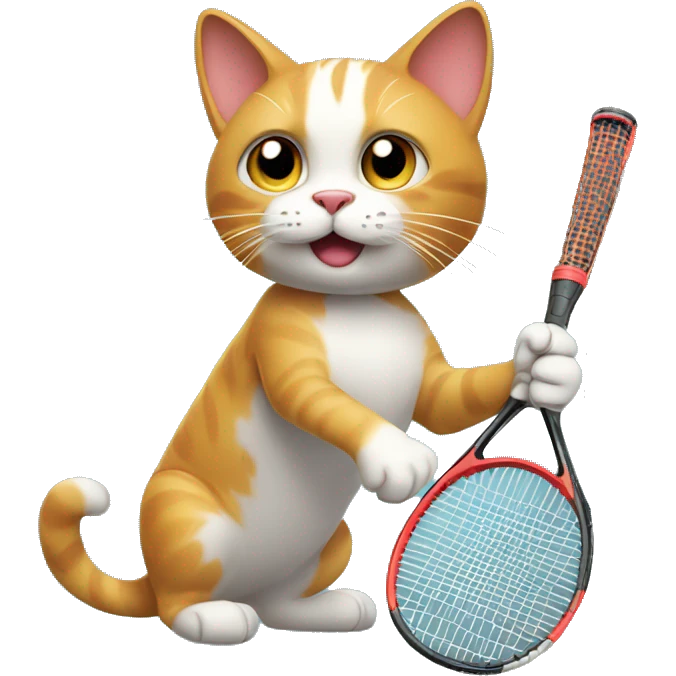 A cat playing tennis, racket in paws, with a focused expression emoji
