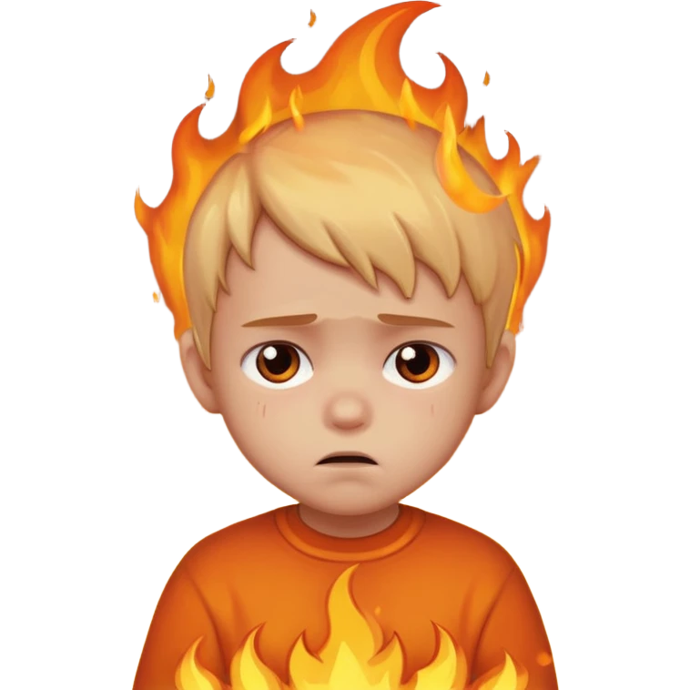 apple style emoji of a sad small child surrounded by flames emoji