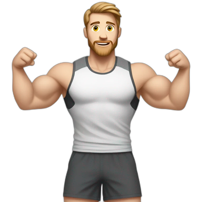 Close up Actively gesturing  with hands Pale skinned Fit Man With the biceps and brown hair in dark gray Sleeveless Mike, black oversize sports shorts, watch and white Sneakers emoji