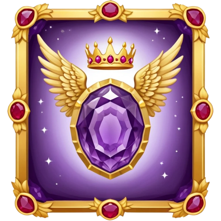 Big amethyst geode with red rubby dots inside award-in-frame-decorated-with-big-golden-angel--wings and crown emoji