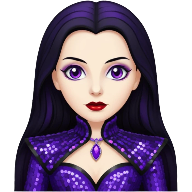 Countess Dracula from Universal Monsters with long jet black hair, dark purple sequin outfit  emoji