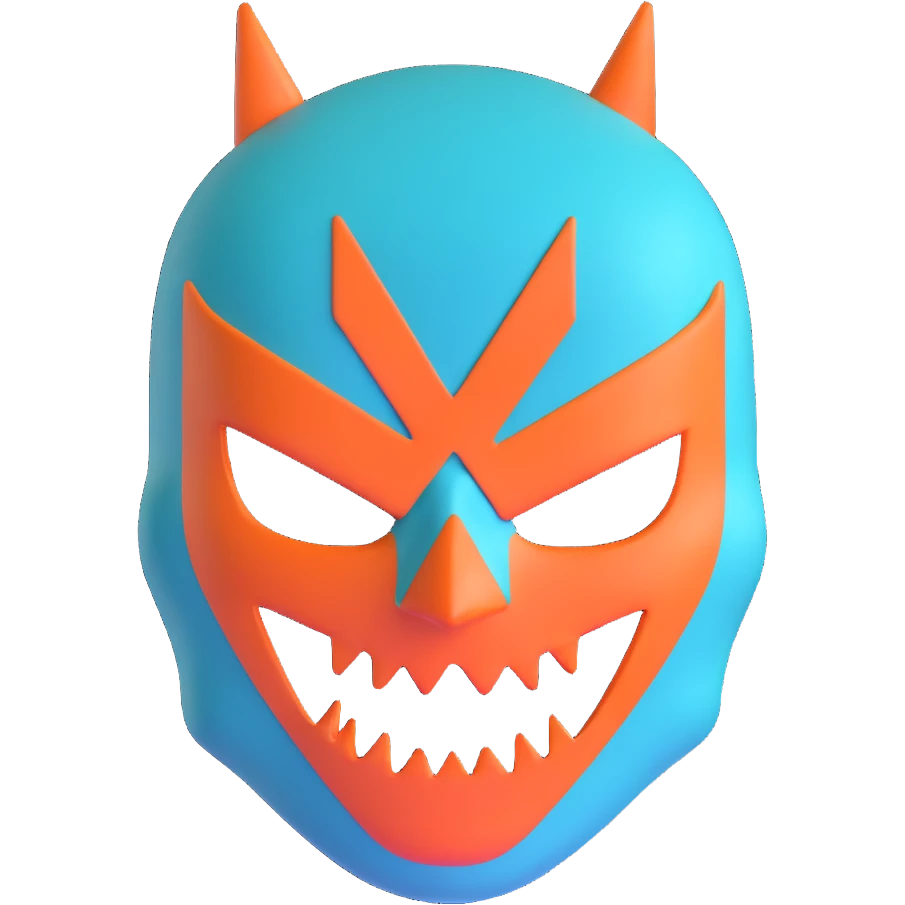 teal and orange ski mask with evil expression emoji