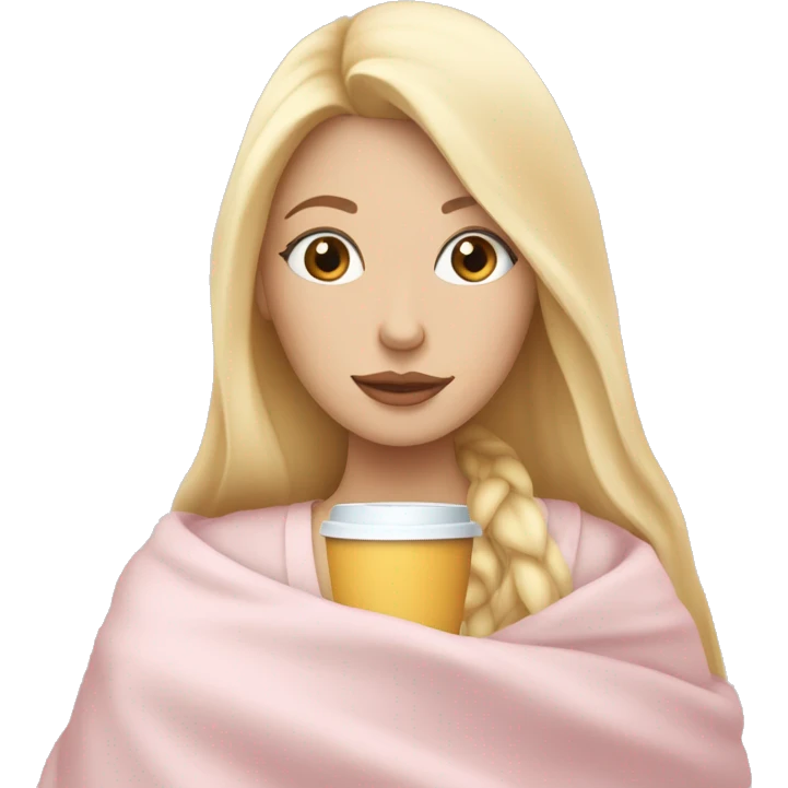 Blonde girl inside a light pink blancket sipping coffee eyes closed white skin blue eyes  emoji