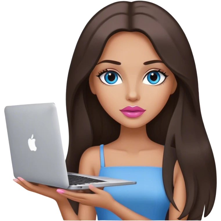 Glamours tanned very beautiful girl with pump pink-beige lips and dark chocolate straight smooth long hair, blue-grey eyes with MacBook emoji
