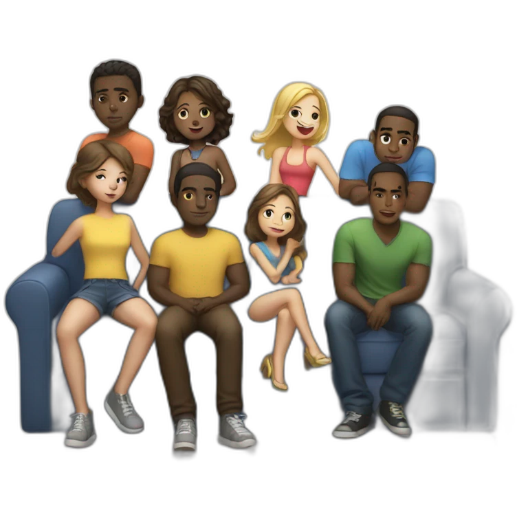 a light-skinned girl sits on a sofa and five dark-skinned guys stand behind emoji