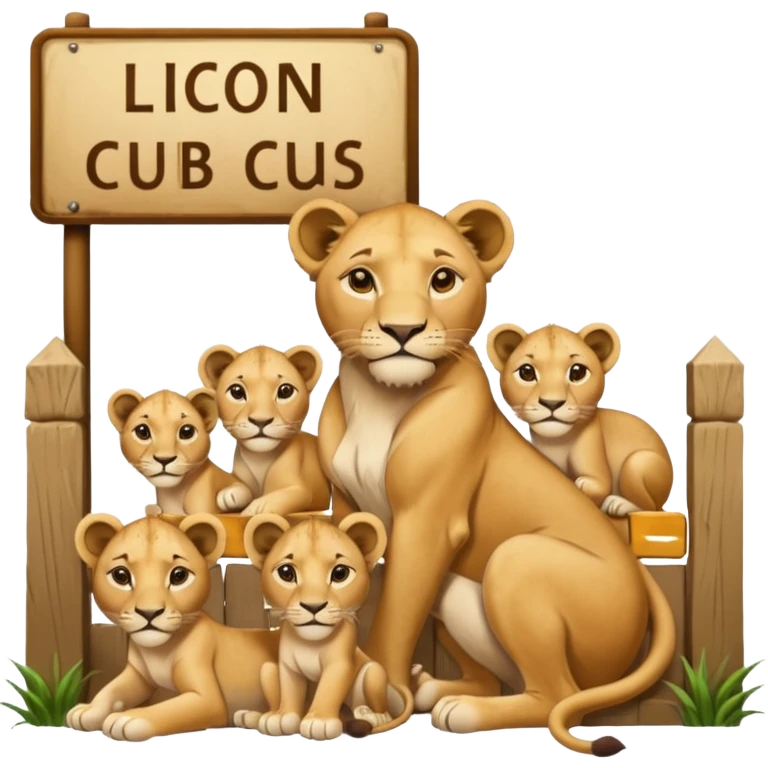Un letrero del zoológico que dice “LION CUBS — BORN LAST WEEK” y delante una leona con sus cachorros recién nacidos, con la gente mirando emocionada desde la reja.






 emoji