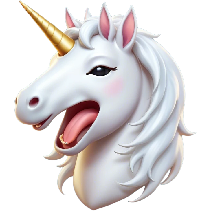 Cinematic Cute Yawning White Unicorn Portrait Emoji, Head tilted slightly with a dramatic, wide-open yawn, showcasing a softly elegant form with a gently cascading mane, a subtly glowing horn and sleepy, half-closed eyes, Simplified yet irresistibly adorable features, highly detailed, glowing with a soft, cozy magical glow, high shine, relaxed yet expressive, stylized with a dash of whimsical enchantment, soft glowing outline, capturing the essence of a drowsy yet affectionate white unicorn that appears ready to stretch and yawn its way out of the screen! emoji