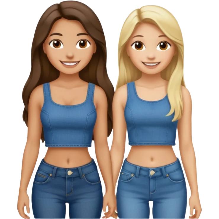 a long hair brunette girl and a blonde girl in jeans and crop tops smiling friends emoji