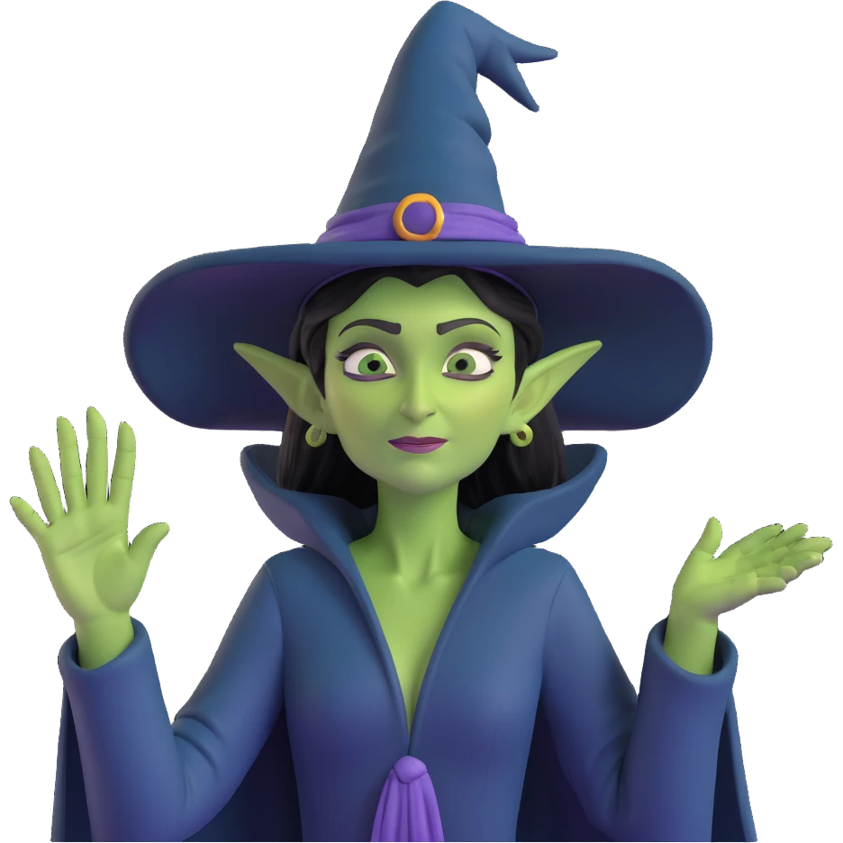 Elphaba from Wicked, green-skinned witch, putting her hand on her head and waving, inspired by the Ozdust Ballroom scene, expressive, iconic pose emoji