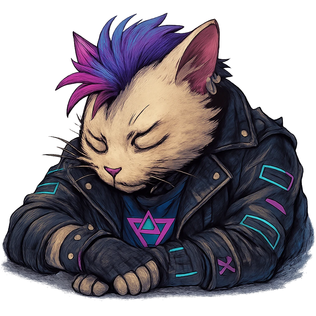  a anthro cat laying down his head to nap, punk gothic style, futuristic cyberwave cyberpunk, emoji
