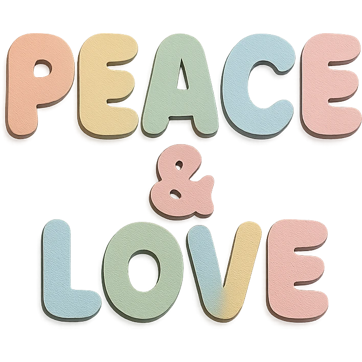 "Peace & Love" soft pastel rainbow rounded bold letters, kawaii cute font, no border, transparent PNG emoji