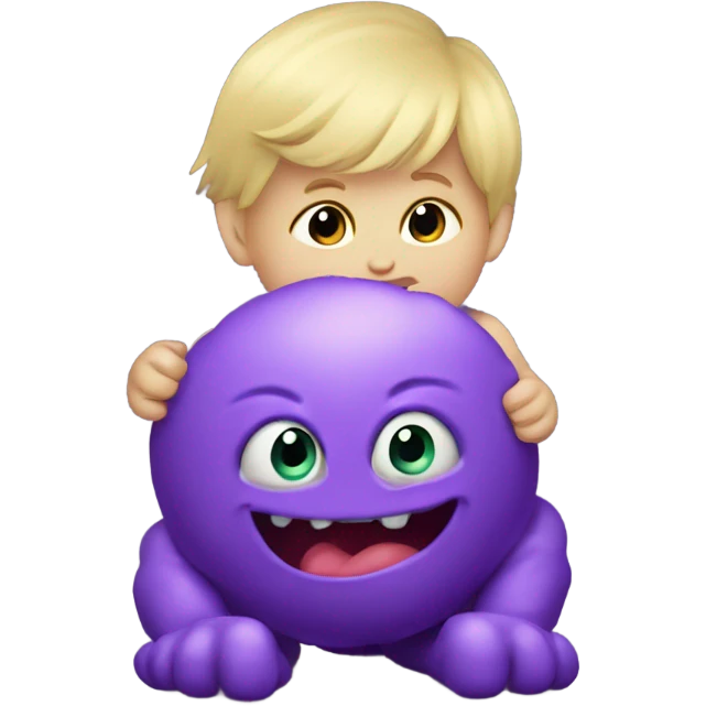 Little blonde baby boy playing with a purple giant monster emoji