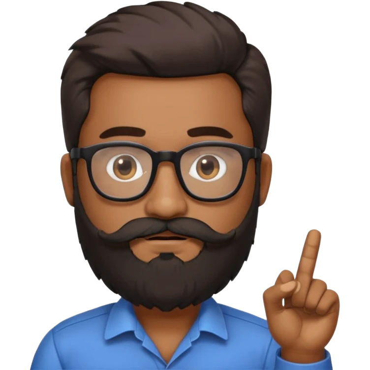 Indian software developer with beards and specs, with few white hairs in mostly black beard and hair. Hair fluffy and back brushed. Mustache pointing down and beard not neatly done emoji