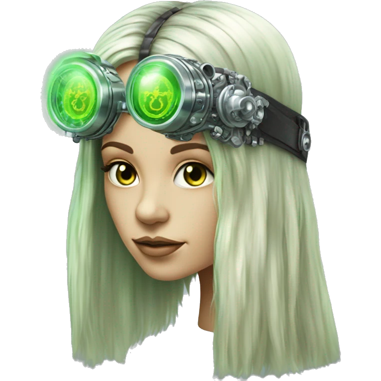 Light green long hair female cyborg head with silver steampunk headband goggles, circuits emoji