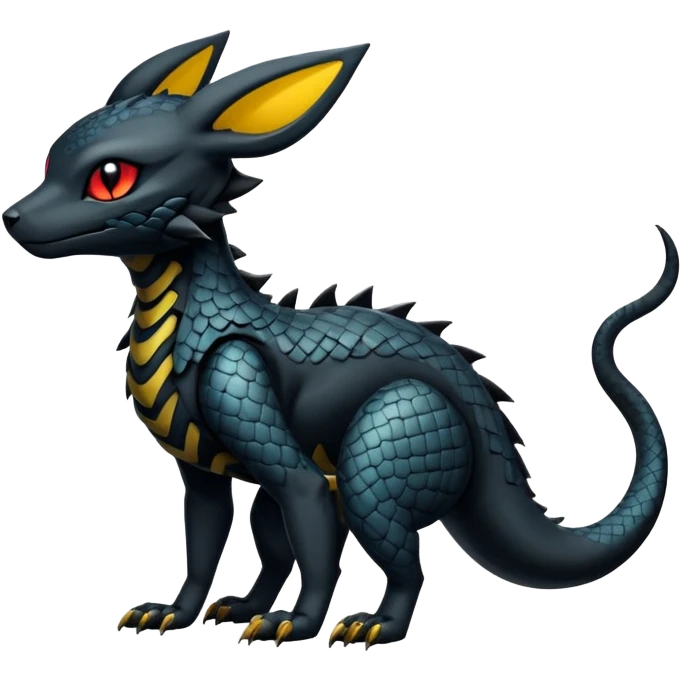 Sophisticated Modern Gothic Gloomy Futuristic Scaly Cyber-Salandit-Umbreon-Litten-Hybrid (Full body) emoji