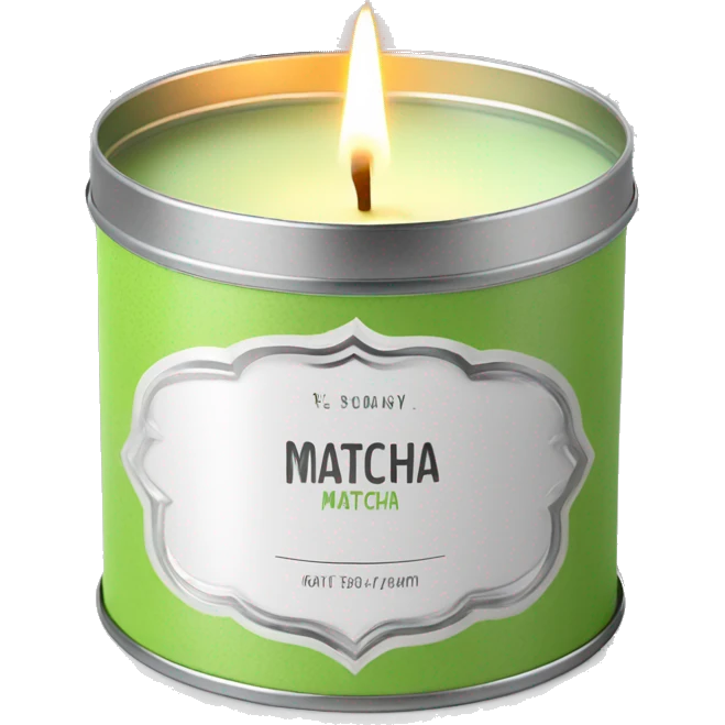 pretty matcha scented candle in silver tin with label realistic emoji