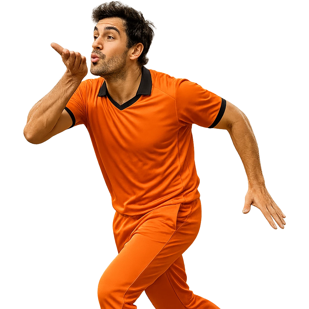a cricketer in an orange jersey blowing a flying kiss, dynamic pose, clear sports vibe, energetic, playful expression, sporty, cheerful mood, action pose, fun and lively emoji