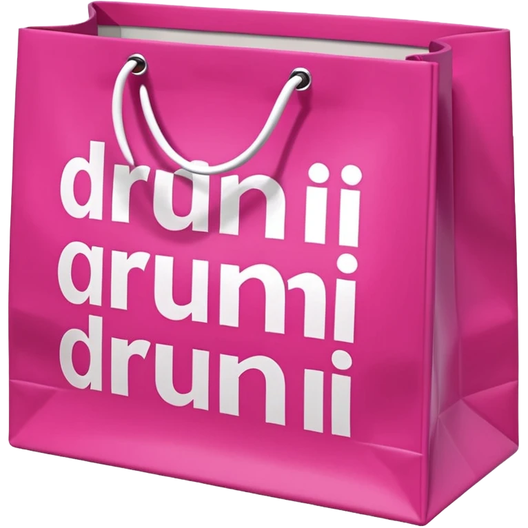 Fuchsia pink paper bag with white handles, repeating DRUNI pattern in light pink and a large vertical 'DRUNI' in bold white letters in the center, iOS emoji style, shiny and realistic. emoji