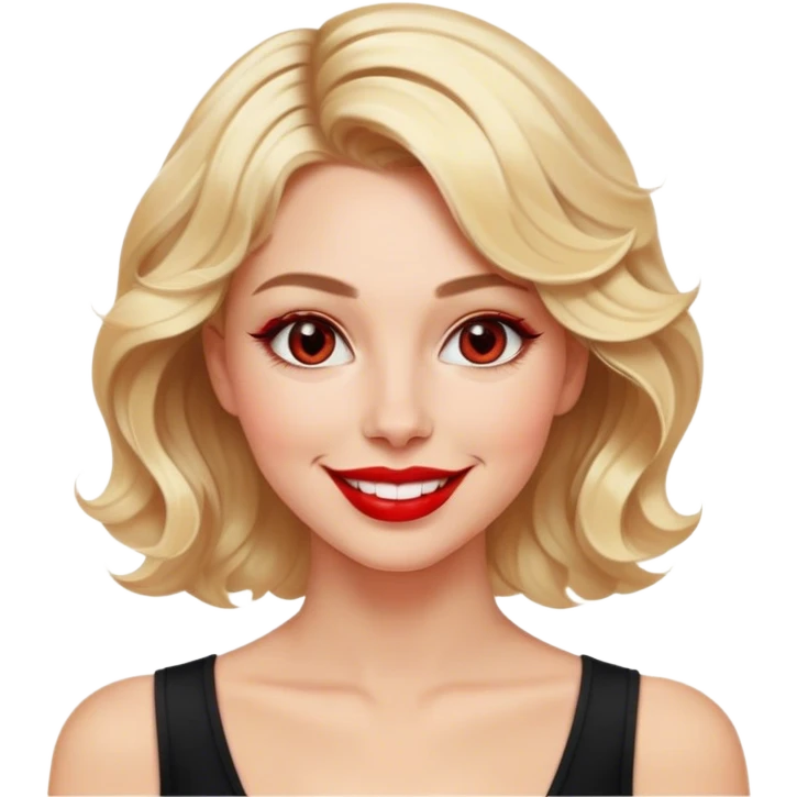 Create an emoji of a stylish blonde woman with short wavy hair and a bright smile. She is wearing a black fitted top with a deep neckline. Her lips are painted red, and her eyes shine with confidence. The emoji should capture her elegance and warmth. emoji