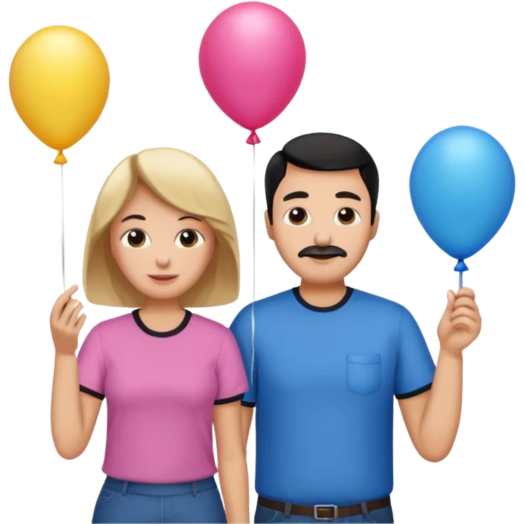 Mom in pink shirt dad in blue shirt holding 1 baloon black emoji