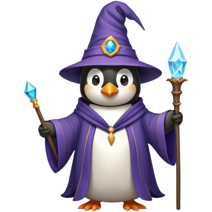 A penguin wearing a wizard hat and robe, holding a magic wand emoji