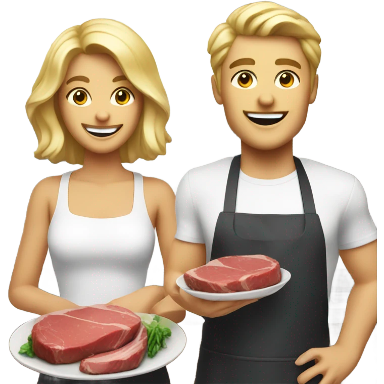 smiling duo with food indoors holding steaks blonde hair emoji