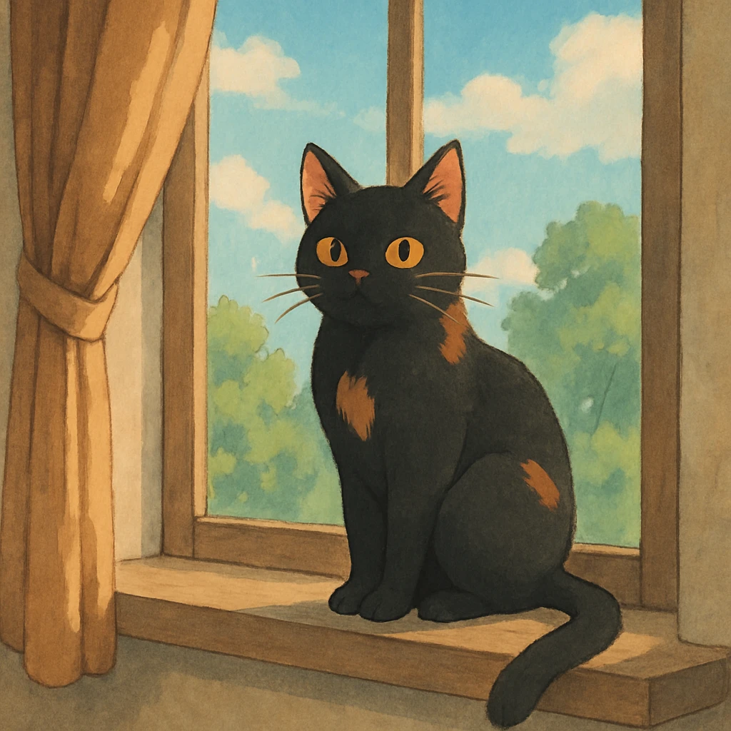 cat sitting on a windowsill in ghibli style emoji
