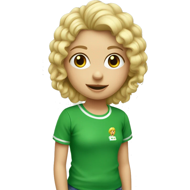 niña rubia con rizos y camiseta verde emoji