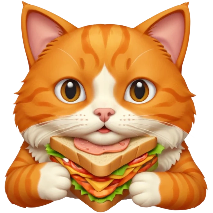 cute orange cat portrait, head and shoulders only, biting a sandwich, funny expression, 3D cartoon, mobile game icon style, clean background, no text, no watermark emoji