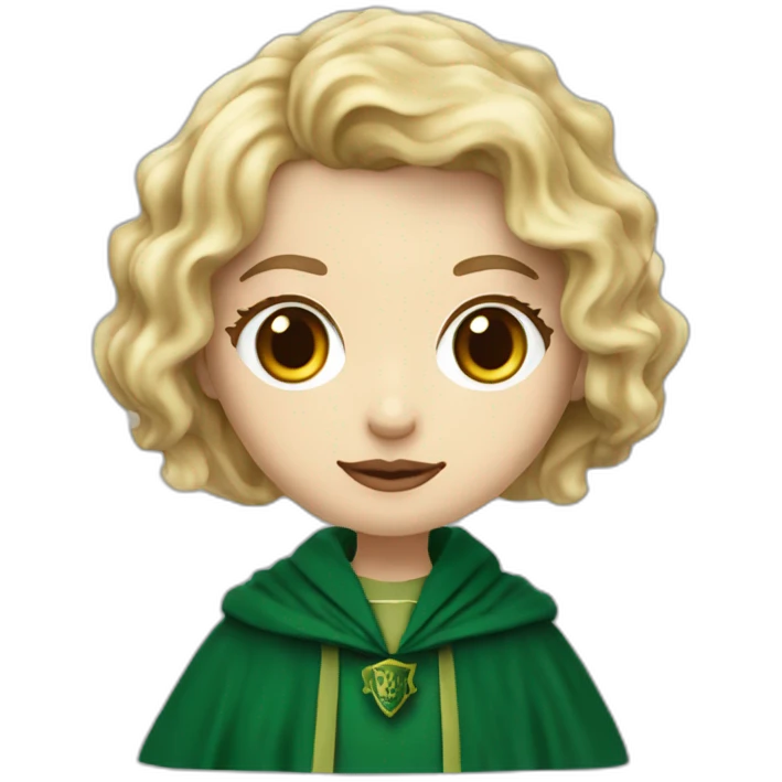 Blue eyes Slytherin girl with short wavy ash blonde hair eating chips and cheese hogwarts robe emoji