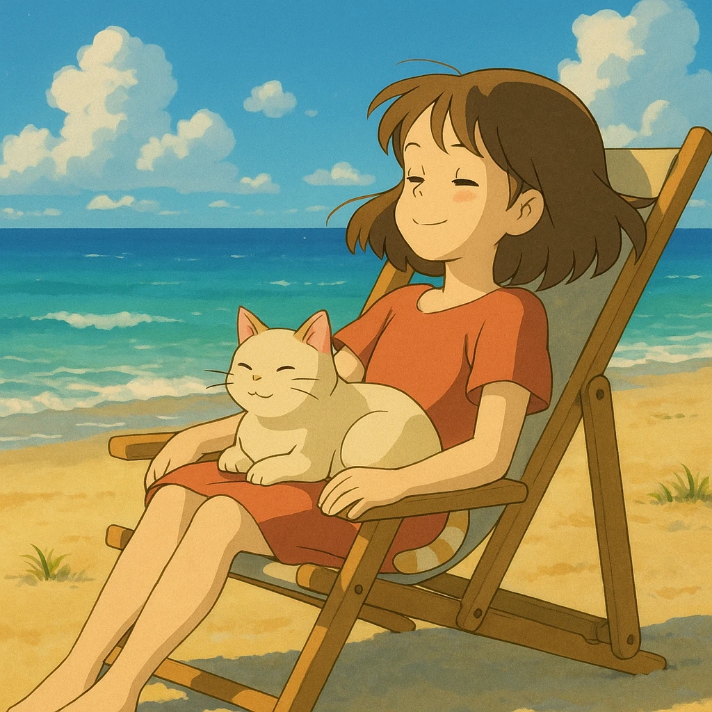 girl and her cat on the beach, sitting in a chair under the sun, ghibli style emoji