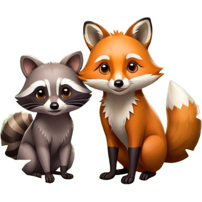Collage of a raccoon and a fox, in close-up, set in a beautiful forest with tall trees, green bushes, and sunlight filtering through the leaves. Both animals look curious and playful. A vibrant, wild atmosphere with a transparent background. emoji