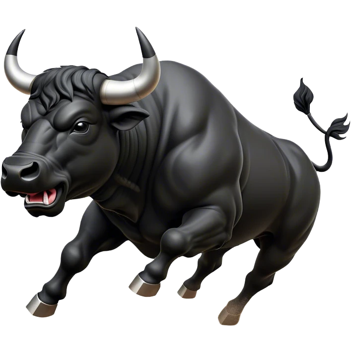 ​Cinematic Realistic Black Charging Bull, depicted in mid-charge with a powerful, muscular form and glossy black hide glistening under dynamic dramatic lighting, dust and motion captured mid-air to exude raw strength and unbridled energy on an expansive arena, emoji