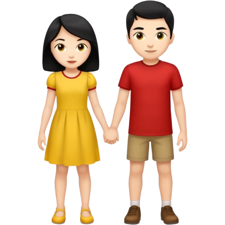a boy with black hair and red shirt is between the legs of a girl with black hair and yellow dress emoji
