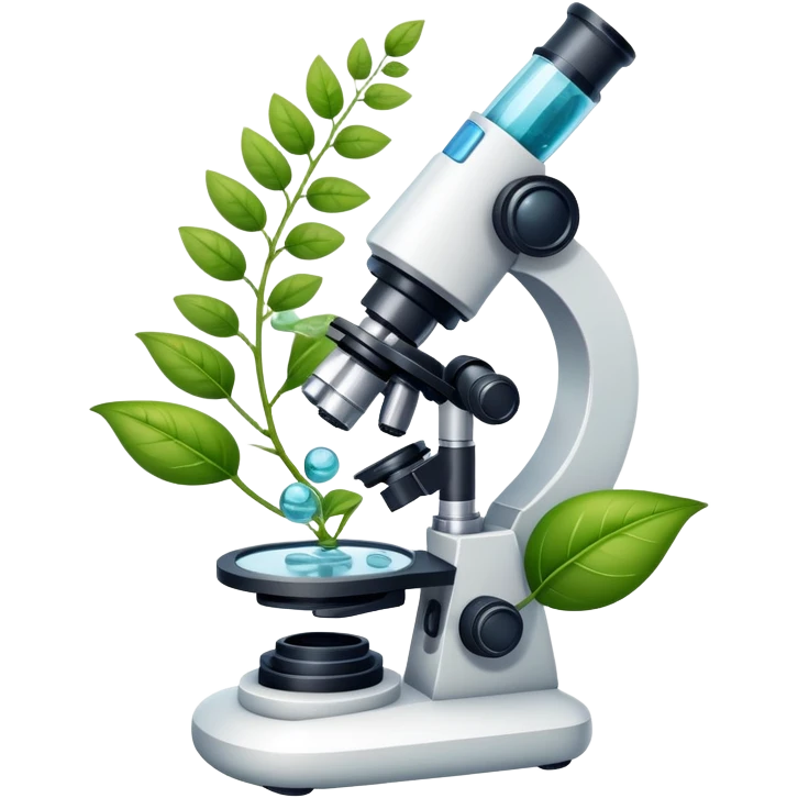 An icon featuring a microscope, a DNA strand, and plant leaves, symbolizing biology. The design includes cells, a test tube with a plant sample, representing life sciences, ecosystems, and the study of organisms. Transparent background highlights the exploration of living systems. emoji