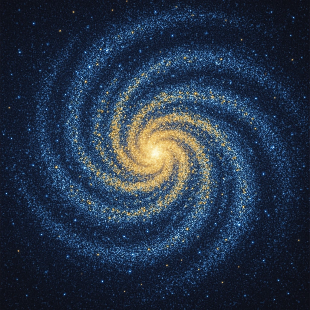 An abstract swirling galaxy pattern formed by thousands of dots ranging from deep blues and purples to bright yellows and whites emoji