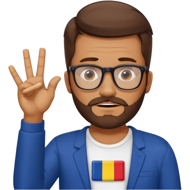 A brown-haired man with a designer stubble beard and rectangle glasses. He shrugs in a "I don't know" gesture, In the background the Romania flag. emoji