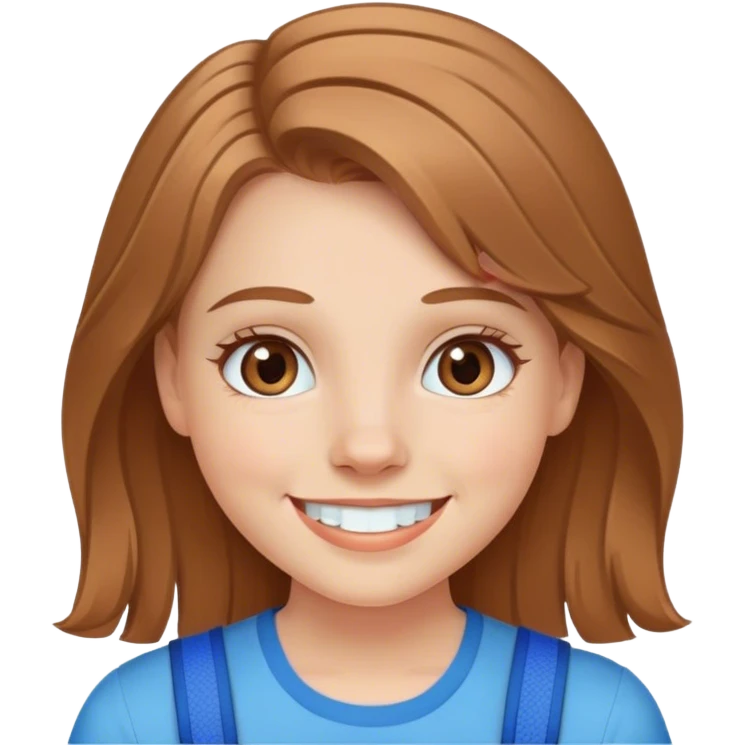 white girl with light brown hair and hazel eyes smiling with blue braces emoji