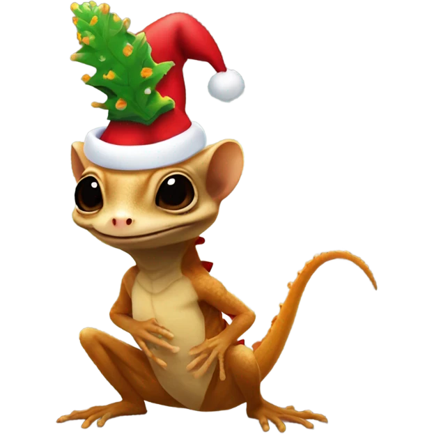 groot wearing a santa hat holding a crested gecko emoji