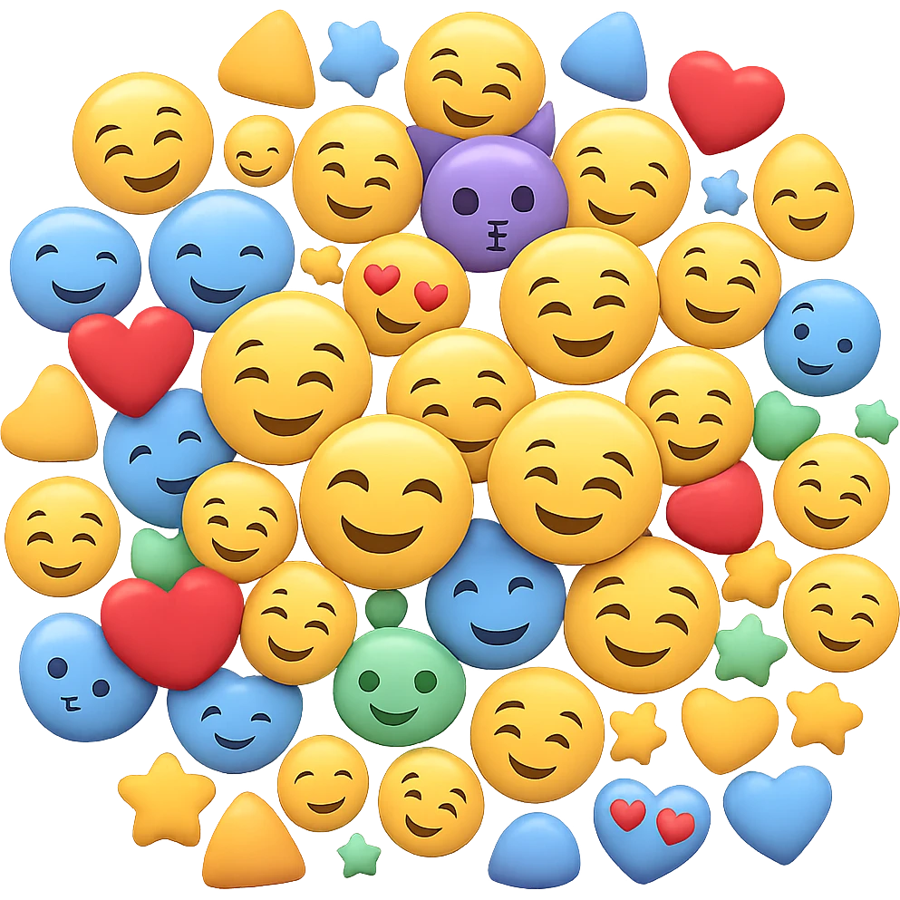 Create a large pile of many different 3D Apple style emojis inspired by the provided image. The emojis can touch and overlap, filling the entire image area, with no background. emoji