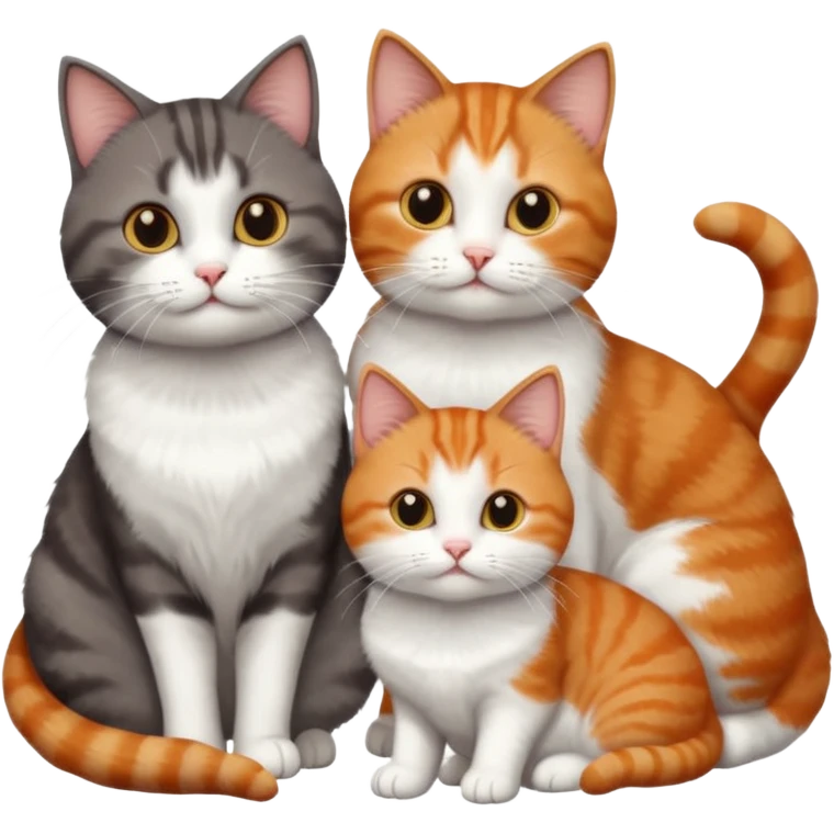 3 different coloured short haired cats including; a dark brown tabby and white cat, and a dark grey and white and a ginger and white emoji