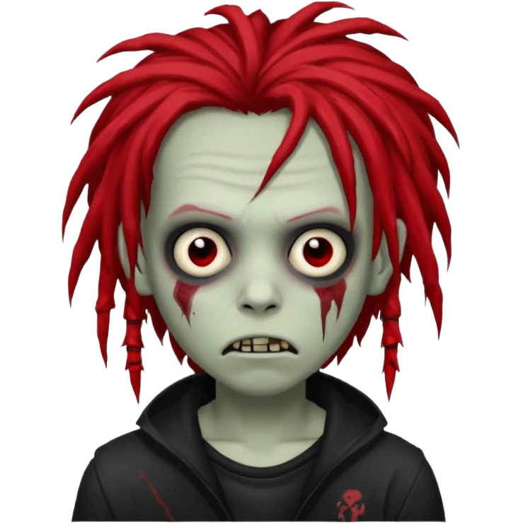 boy zombie with black and some red dreads hair emo scary, black eyes emoji