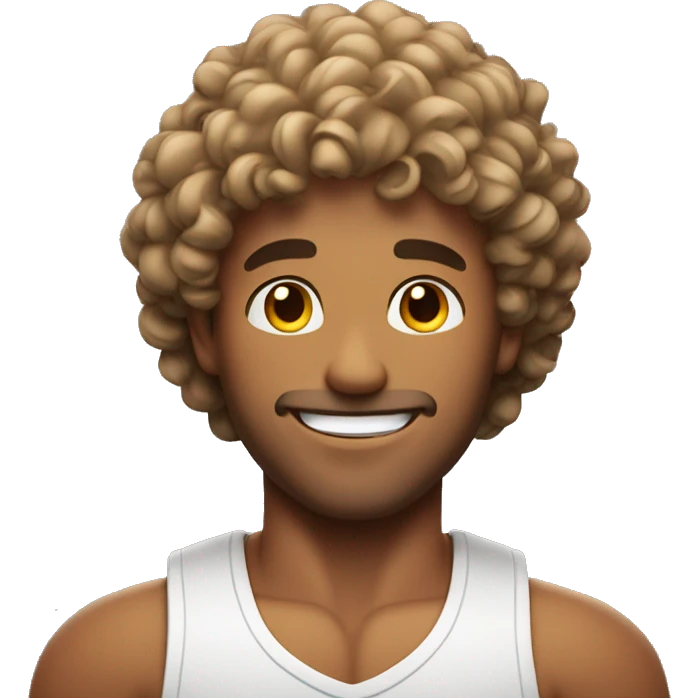 An emoji of a muscular man with curly hair, displaying a confident pose and a friendly smile emoji