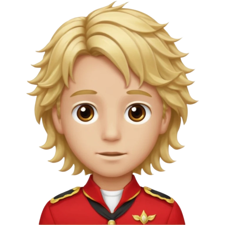 SARI SAÇLI SAÇININ YARISI SOLA DOĞRU DİĞERİNİN SAĞ TARAFTA AMA DÜZ DURAN KAHVERENGİ GÖZLÜ UZUN KİRPİKLİ BUĞDAY RENKLİ KIRMIZI ÜNİFORMALI BİR ERKEK ÇOCUK emoji