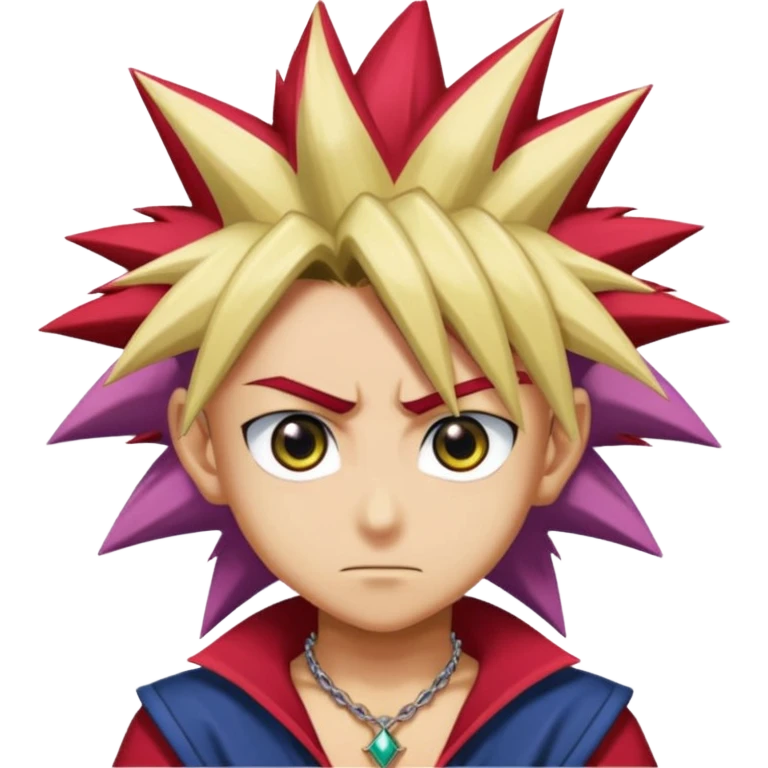 Yugi from Yu-Gi-Oh as an emoji, spiky tri-color hair, large expressive eyes, iconic Millennium Puzzle necklace, confident expression emoji