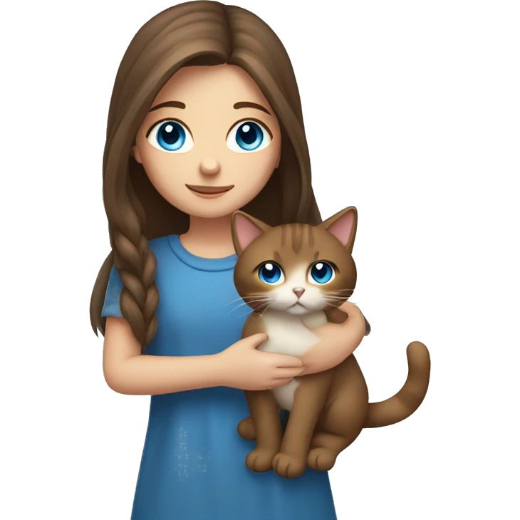 Girl with long brown hair and blue eyes holding a cat emoji