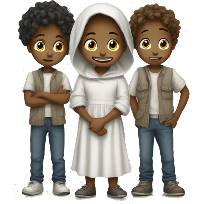 Four kids, three boys one girl, crying, wearing rags, white  emoji